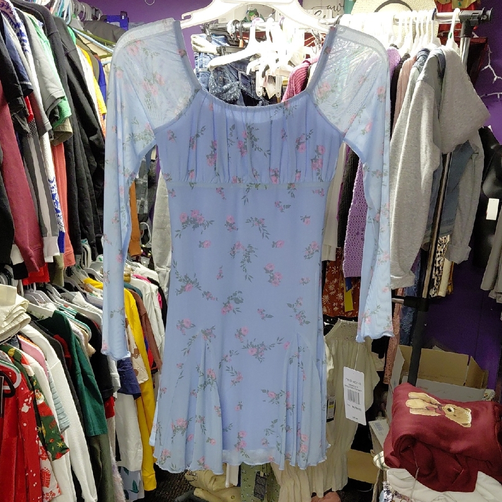 Girls Floral Blue Long Sleeve Dress